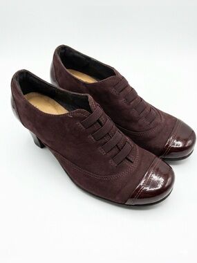 NAOT Burgandy Suede & Patent Leather Oxford Heels — Women’s EU 39